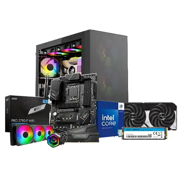 تجميعه انتل كور i9-14900K ام اس اي Z790-P ماذربورد هارد 1 تيرا اس اس دي 32 جيجا رام ار تي اكس 5070 12GB OC كيسه زاندر فيلوكس ماكس + باور سبلاي 850W + كولر ماستر ليكويد 360 Core II