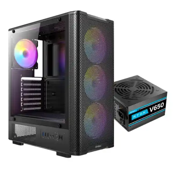 انتيك VX310 ايه ار جي بي كيسة كمبيوتر جيمنج ميد تاور + باور سبلاي انتيك اتوم V650 - اسود