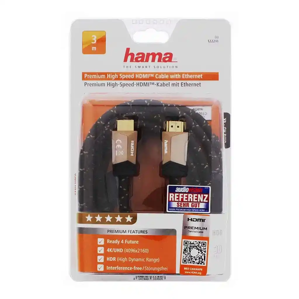 كابل هاما ‏Premium HDMI™ إيثرنت موصل إلى موصل Ferrite معدني 3متر أسود x ذهبي HAMA122211