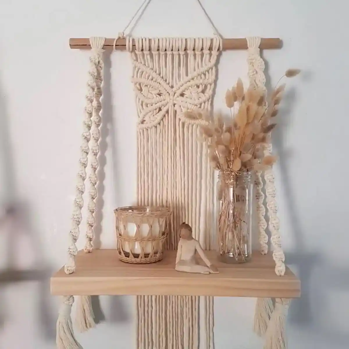 رف مكرميه قطن وخشب ام دى اف أوف وايت وبيج - 40×70 سم