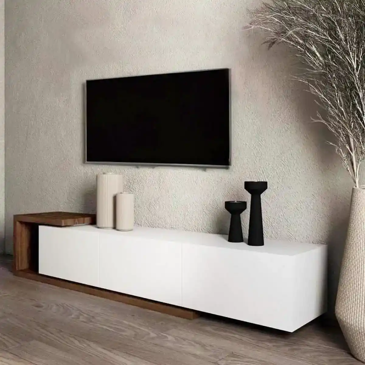 وحدة تلفزيون ام دي اف بني و أبيض - 35×160×32 سم