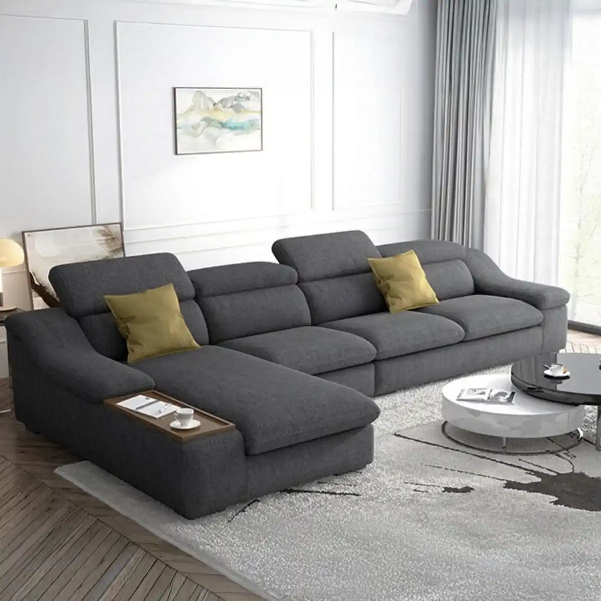 White Beech Wood and Linen Fabric L-Shape Sofa - Grey