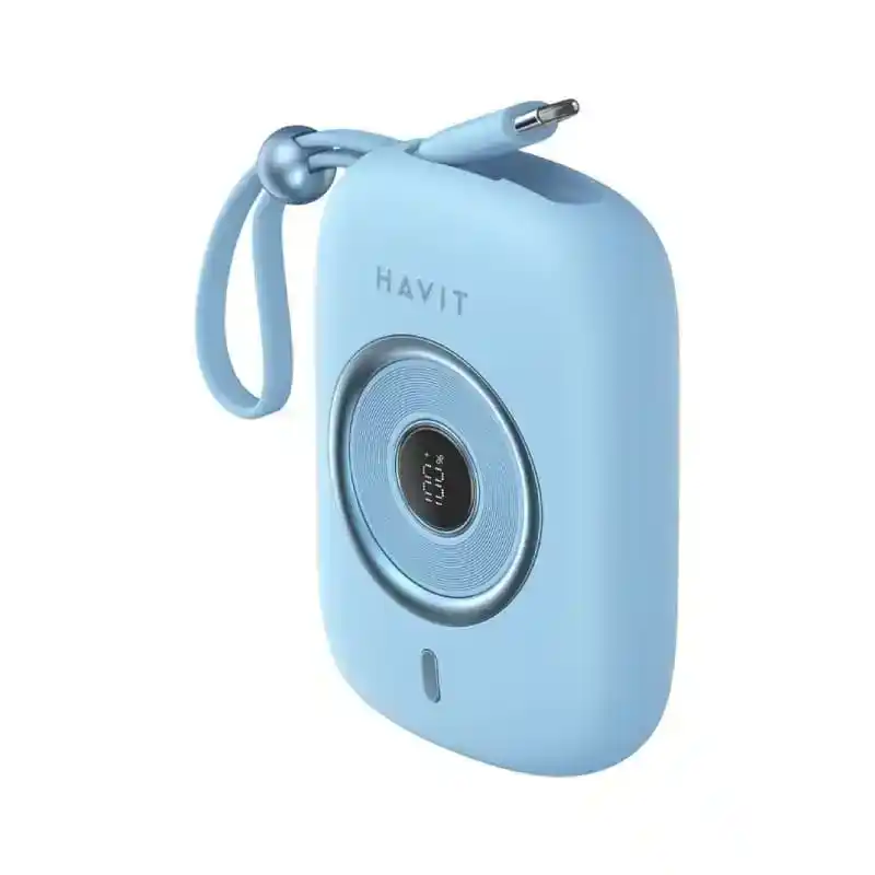 باور بانك HAVIT PB5214 سعة 10000 مللي أمبير PD 35 وات بكابل Type-C مدمج – أزرق