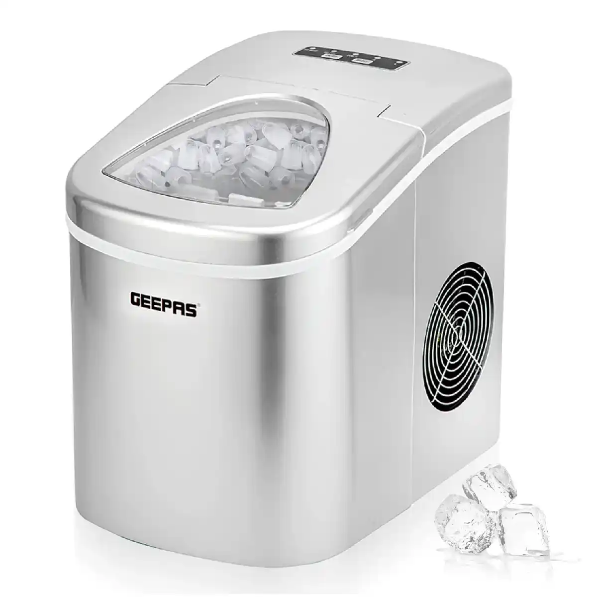 Geepas GIM63015Uk Ice Cube Maker, Ice Container 700g, Water Container 2.2L, Two Sizes 12kg Ice in 24 Hours - Silver