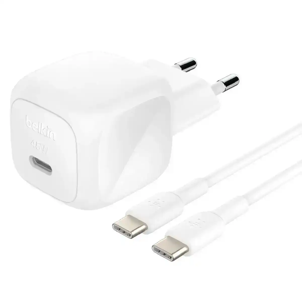 بيلكن شاحن حائط بوست تشارج بمنفذ USB-C بقدرة 45 واط، مدمج + كابل USB-C إلى USB-C - أبيض