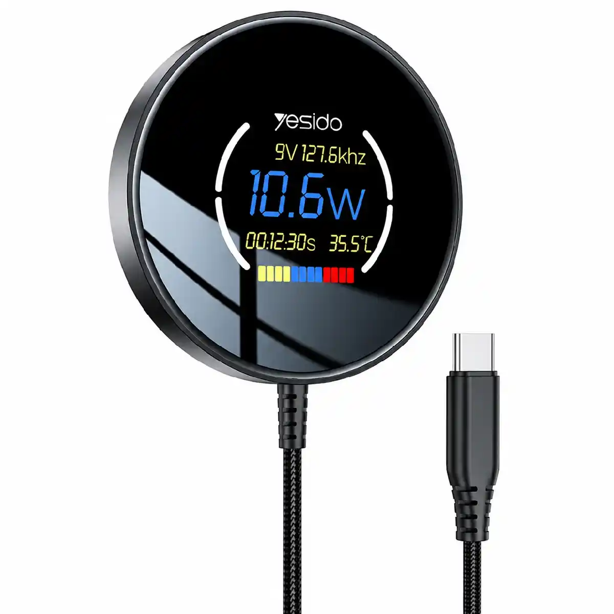 Yesido DS28 1.2m Long Cable 15W Fast Charging Dynamic Digital Display Magnetic Wireless Charger - Black