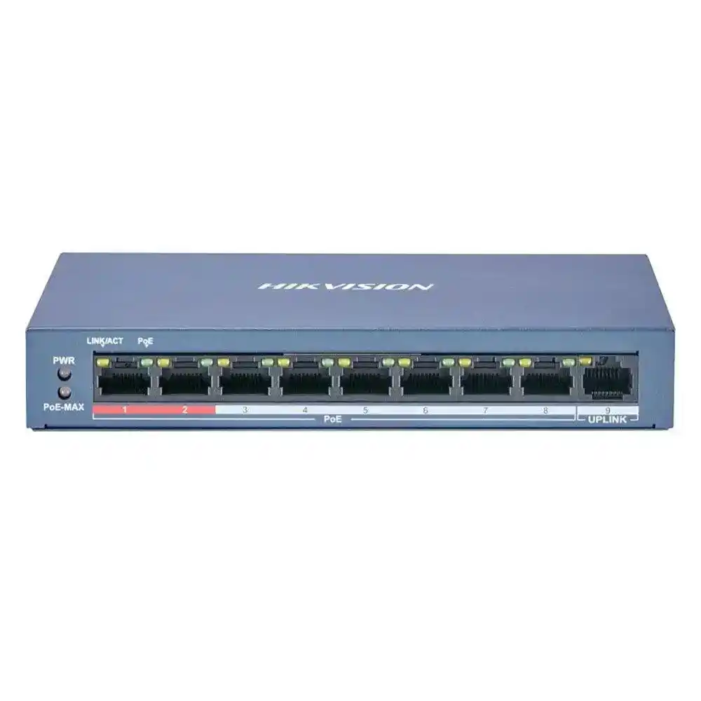 سويتش هيكفيجن 8 منافذ 100/10 ميجابت في الثانية PoE + منفذ (RJ45) 100/10 ميجابايت في الثانية 60 وات DS-3E0109P-E/M(B) Unmanaged Desktop Uplink