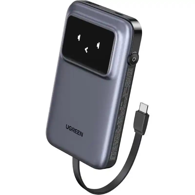 باور بانك Ugreen Uno سعة 10000 مللي أمبير شحن سريع 30 واط USB-C مع كابل مدمج - رمادي